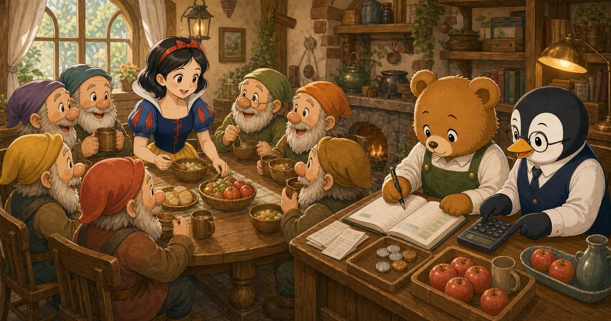 森の小屋の食卓で、社食代のような福利厚生費をこぐまさんが帳簿に記録している場面