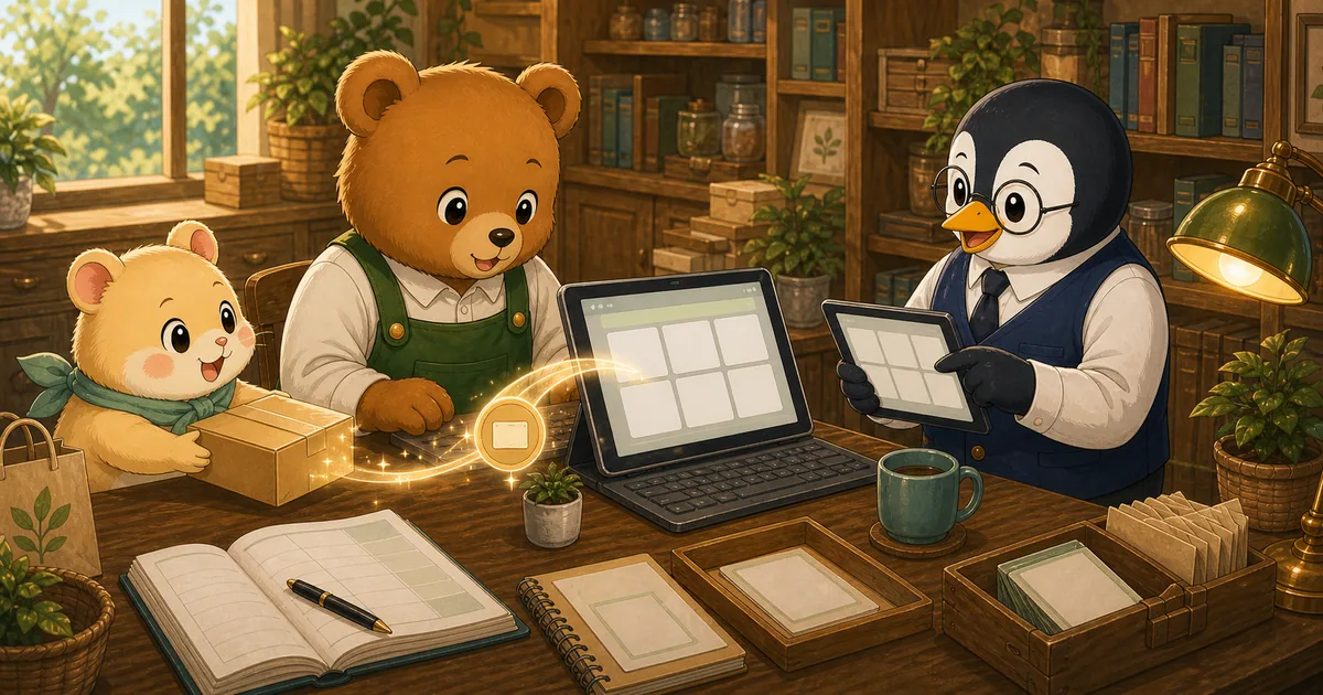 商品販売で発生した受け取る権利を、電子記録債権としてこぐまさんが端末と帳簿で確認している場面