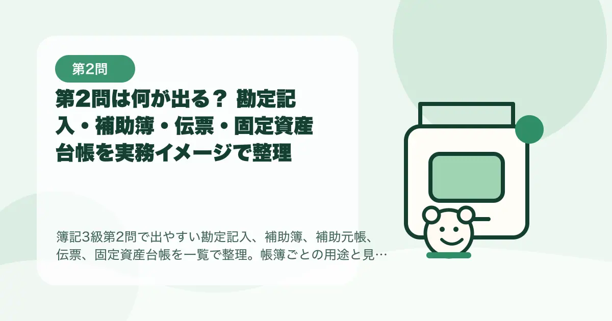 【簿記3級】第2問は何が出る？ 勘定記入・補助簿・伝票・固定資産台帳を実務イメージで整理の要点を示すタイトル画像