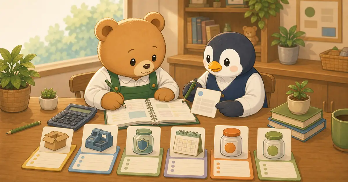 こぐまさんとペンリーが模試でよく出る計算パターンをカードとノートで整理しているイラスト