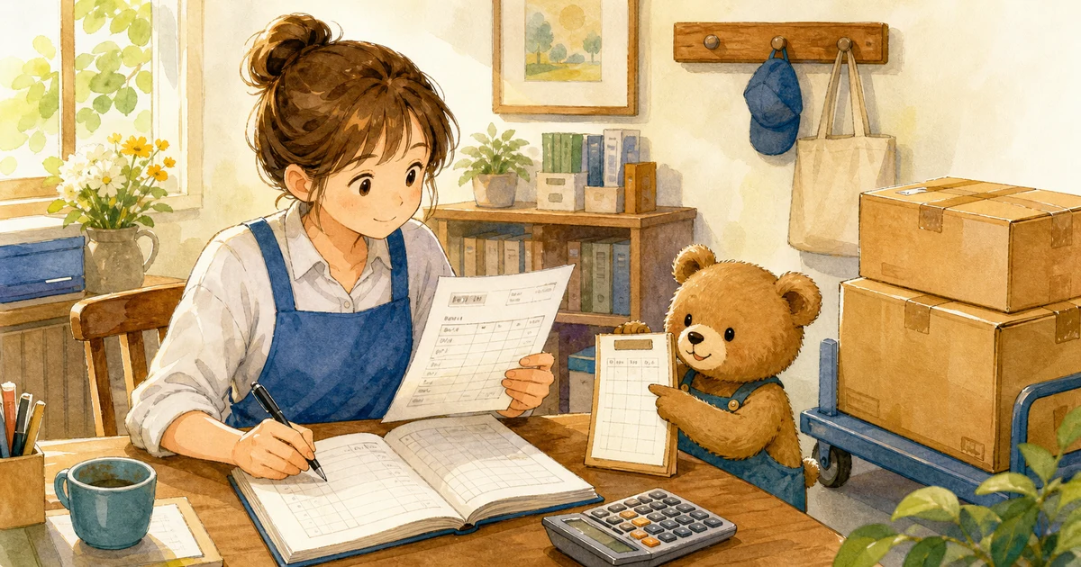 第2回第1問1:商品を掛けで販売したときの仕訳の解説用ヒーロー画像。こぐま商会で納品書と売上メモを見ながら、売上と代金の形を確認する場面