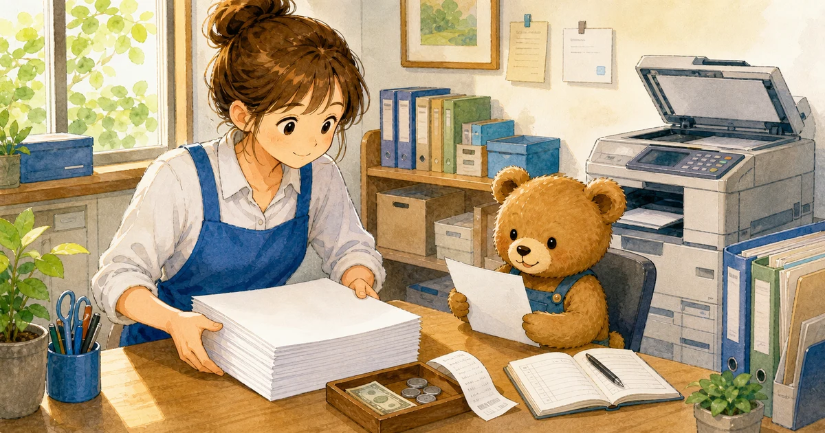 第2回第1問3:コピー用紙を現金で買ってすぐ使った仕訳の解説用ヒーロー画像。こぐま商会で事務机で領収書と消耗品のメモを確認する場面