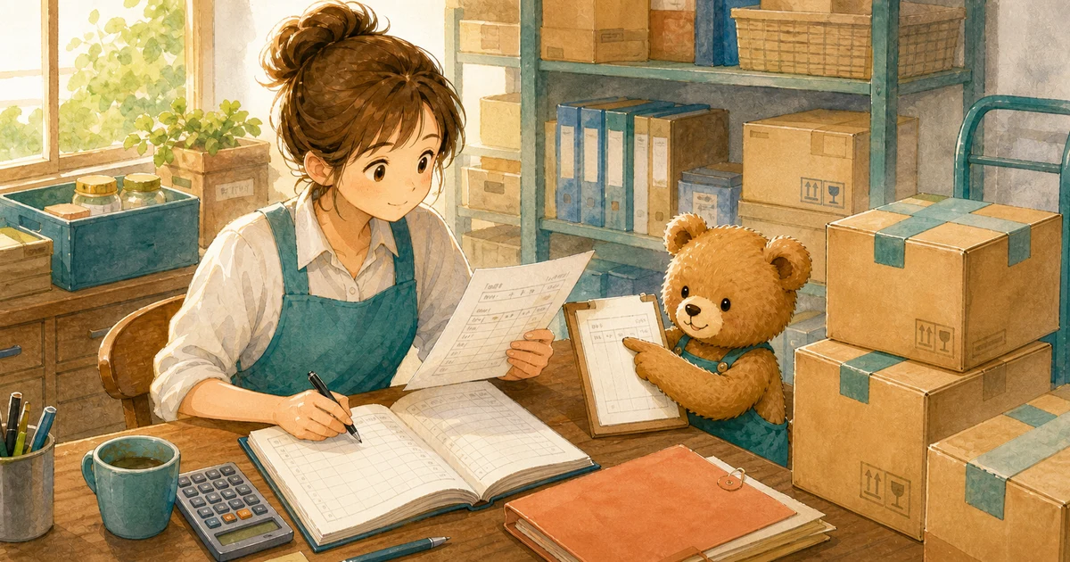第2回第1問4:商品を掛けで仕入れたときの仕訳の解説用ヒーロー画像。こぐま商会で届いた商品箱と支払条件メモを見ながら、仕入と支払い方法を確認する場面