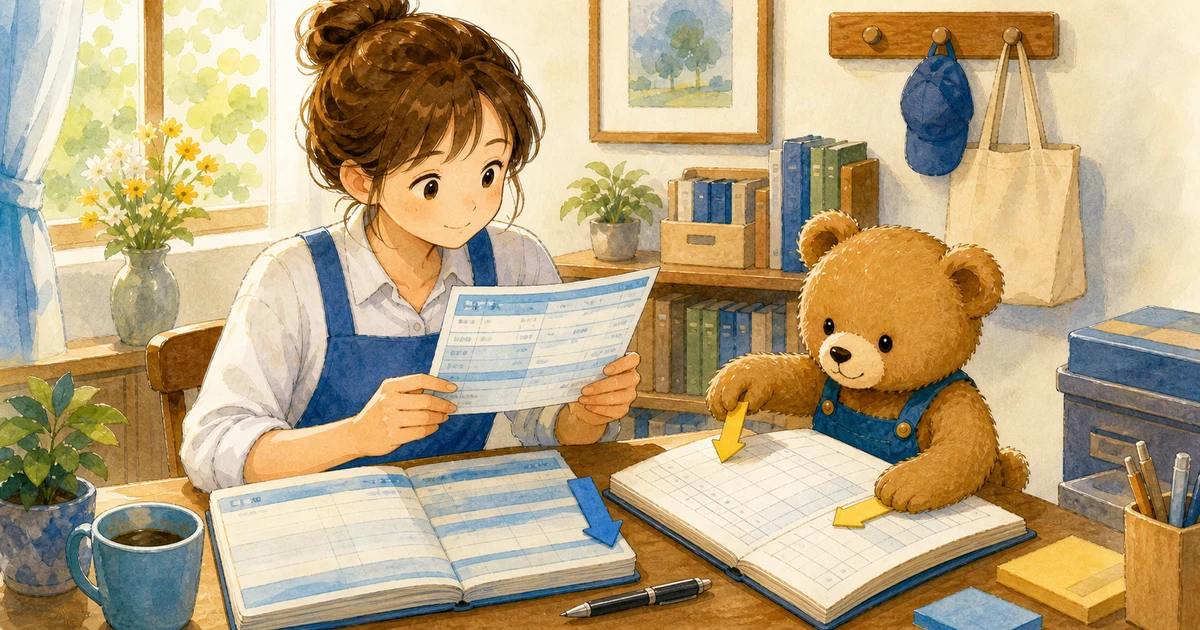 第2回第1問5:売掛金が当座預金に振り込まれた仕訳の解説用ヒーロー画像。こぐま商会で銀行通知と台帳を照合しながら、回収や決算振替の科目を確認する場面