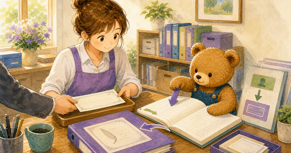 第2回第1問7：売掛金の回収で約束手形を受け取った仕訳の解説用ヒーロー画像。こぐま商会で手形のメモと台帳を見比べながら、資産や負債の入れ替わりを確認する場面