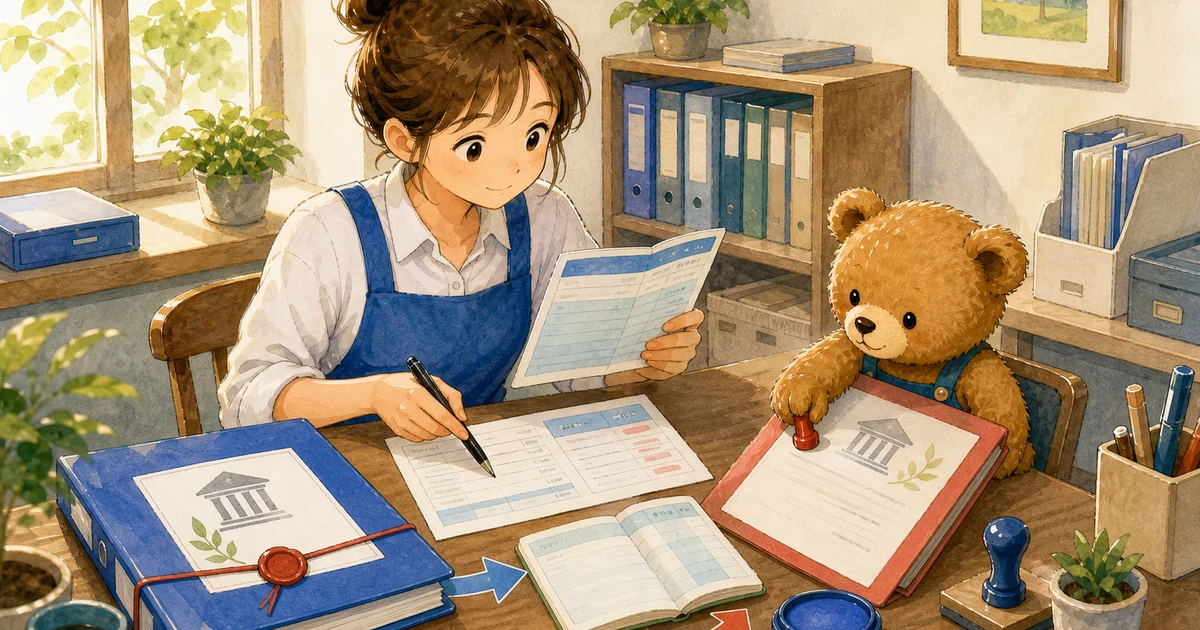 第2回第1問8：借入金が普通預金に入金された仕訳の解説用ヒーロー画像。こぐま商会で銀行通知と資金メモを見ながら、入金や返済の理由を確認する場面