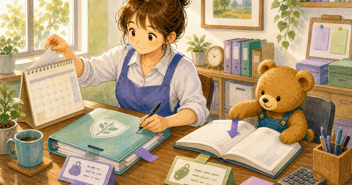第2回第1問10:前払費用を保険料へ振り替える仕訳の解説用ヒーロー画像。こぐま商会で銀行通知と台帳を照合しながら、回収や決算振替の科目を確認する場面