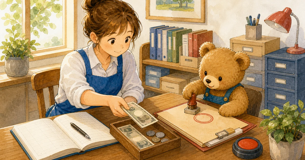 第2回第1問12：未払金を現金で支払った仕訳の解説用ヒーロー画像。こぐま商会で銀行通知と台帳を照合しながら、回収や決算振替の科目を確認する場面