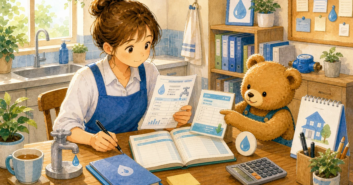 第2回第1問13：水道料金が普通預金から引き落とされた仕訳の解説用ヒーロー画像。こぐま商会で現金トレーと支払メモを見ながら、費用や支払いの仕訳を確認する場面