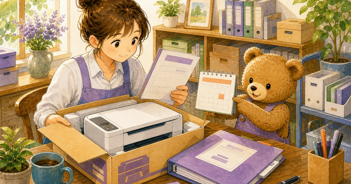 第2回第1問14:プリンターを翌月払いで購入した仕訳の解説用ヒーロー画像。こぐま商会で事務机で領収書と消耗品のメモを確認する場面