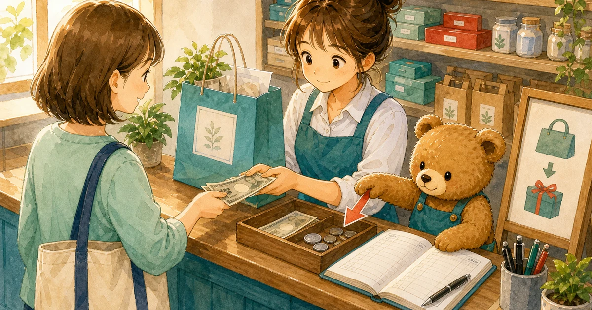 第3回第1問1:商品を現金販売したときの仕訳の解説用ヒーロー画像。こぐま商会で納品書と売上メモを見ながら、売上と代金の形を確認する場面