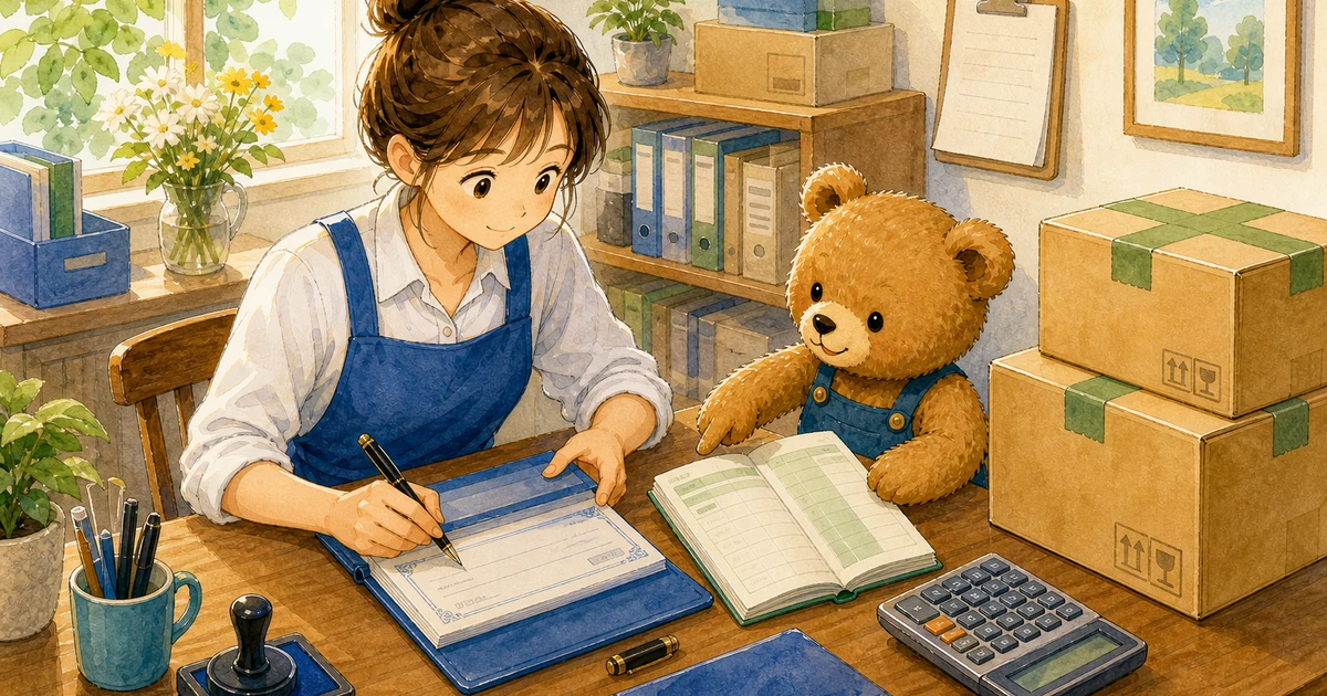 第3回第1問2：小切手を振り出して商品を仕入れた仕訳の解説用ヒーロー画像。こぐま商会で届いた商品箱と支払条件メモを見ながら、仕入と支払い方法を確認する場面