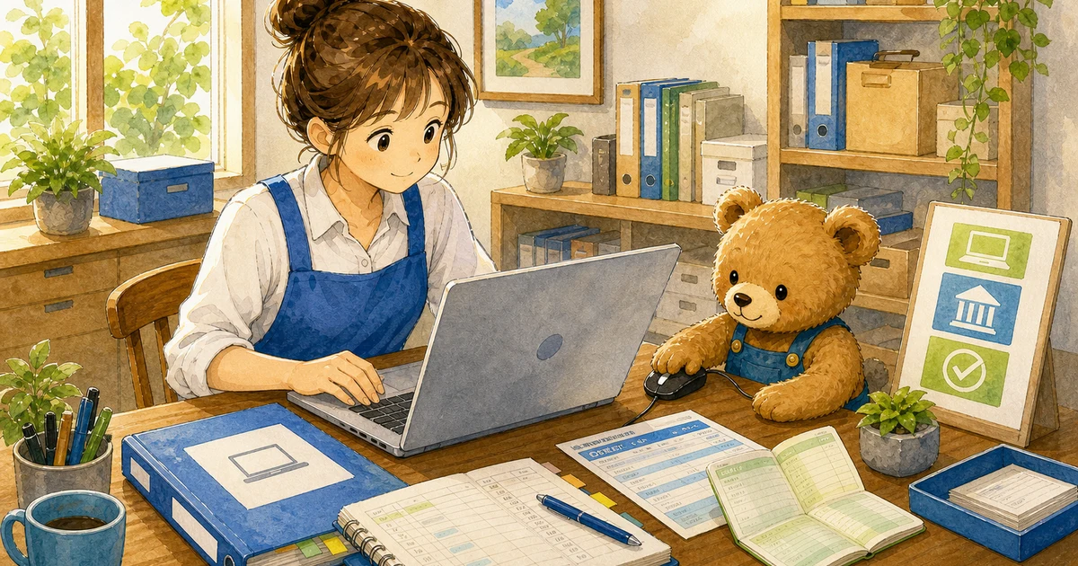 第3回第1問3:営業用パソコンを普通預金で購入した仕訳の解説用ヒーロー画像。こぐま商会で事務机で領収書と消耗品のメモを確認する場面