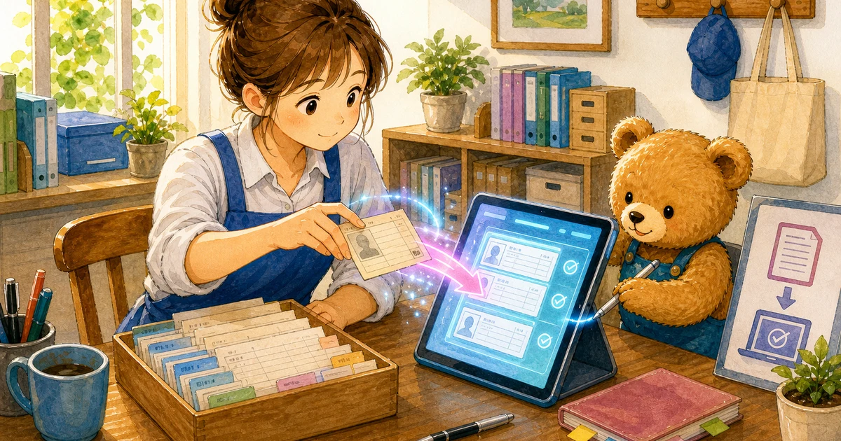 第3回第1問4：売掛金を電子記録債権に切り替えた仕訳の解説用ヒーロー画像。こぐま商会で銀行通知と台帳を照合しながら、回収や決算振替の科目を確認する場面