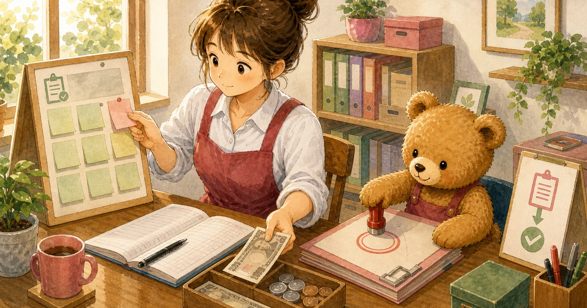 第3回第1問6:未払費用を現金で支払った仕訳の解説用ヒーロー画像。こぐま商会で銀行通知と台帳を照合しながら、回収や決算振替の科目を確認する場面