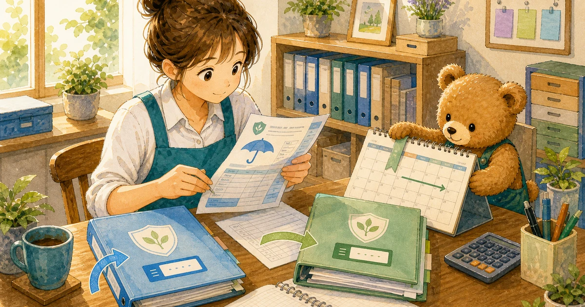 第3回第1問7:保険料のうち翌期分を前払費用にする仕訳の解説用ヒーロー画像。こぐま商会で銀行通知と台帳を照合しながら、回収や決算振替の科目を確認する場面