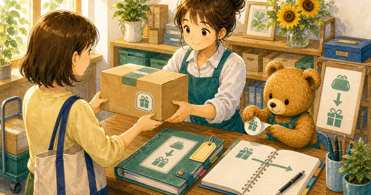 第3回第1問10:前受金の商品を引き渡したときの仕訳の解説用ヒーロー画像。こぐま商会で納品書と売上メモを見ながら、売上と代金の形を確認する場面