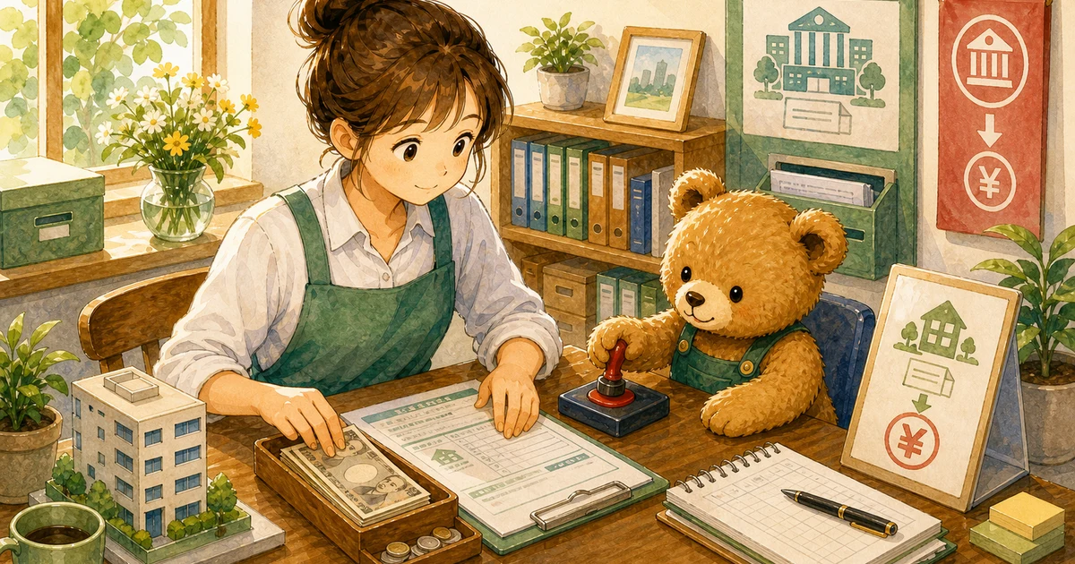 第3回第1問11：固定資産税を現金で納付した仕訳の解説用ヒーロー画像。こぐま商会で現金トレーと支払メモを見ながら、費用や支払いの仕訳を確認する場面
