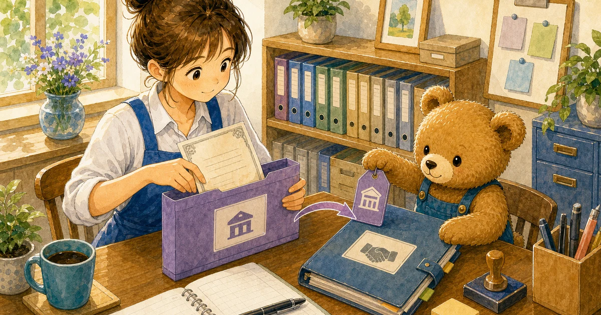 第3回第1問12：買掛金を約束手形で支払った仕訳の解説用ヒーロー画像。こぐま商会で手形のメモと台帳を見比べながら、資産や負債の入れ替わりを確認する場面
