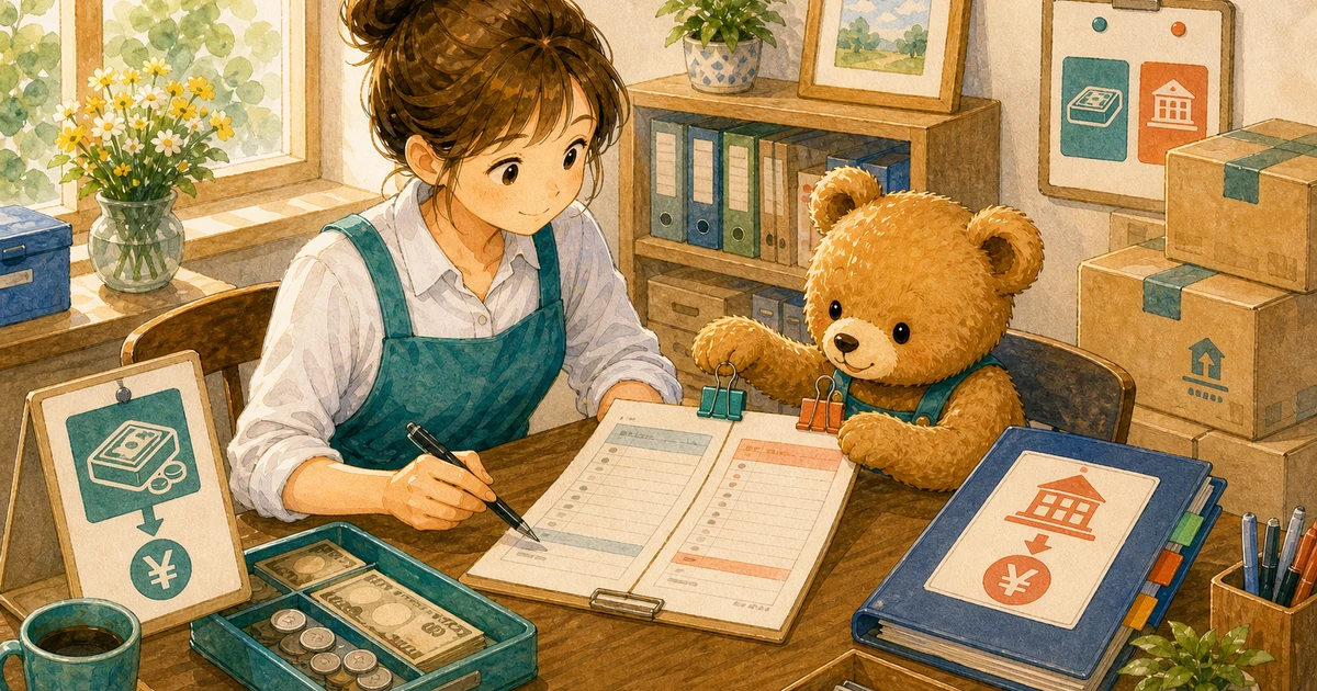 第4回第1問1：商品仕入代金を現金と掛けに分ける仕訳の解説用ヒーロー画像。こぐま商会で届いた商品箱と支払条件メモを見ながら、仕入と支払い方法を確認する場面