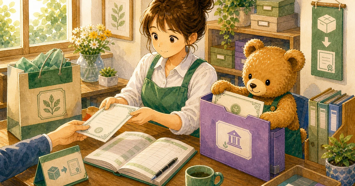 第4回第1問2：商品売上で約束手形を受け取った仕訳の解説用ヒーロー画像。こぐま商会で手形のメモと台帳を見比べながら、資産や負債の入れ替わりを確認する場面