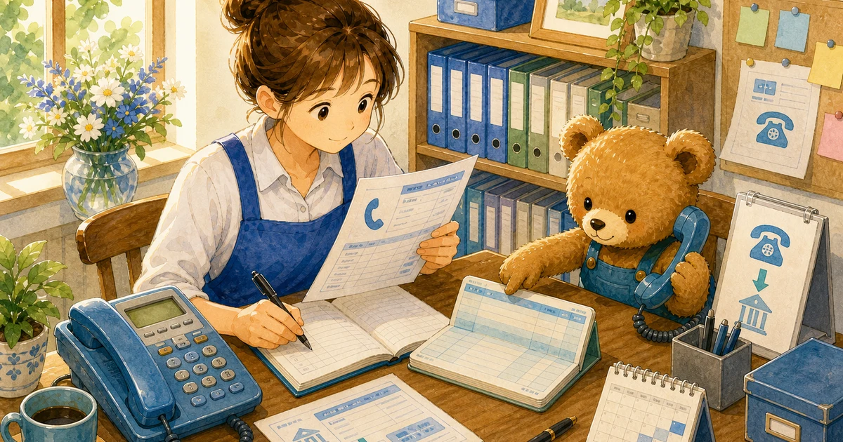第4回第1問3：電話料金が当座預金から引き落とされた仕訳の解説用ヒーロー画像。こぐま商会で現金トレーと支払メモを見ながら、費用や支払いの仕訳を確認する場面