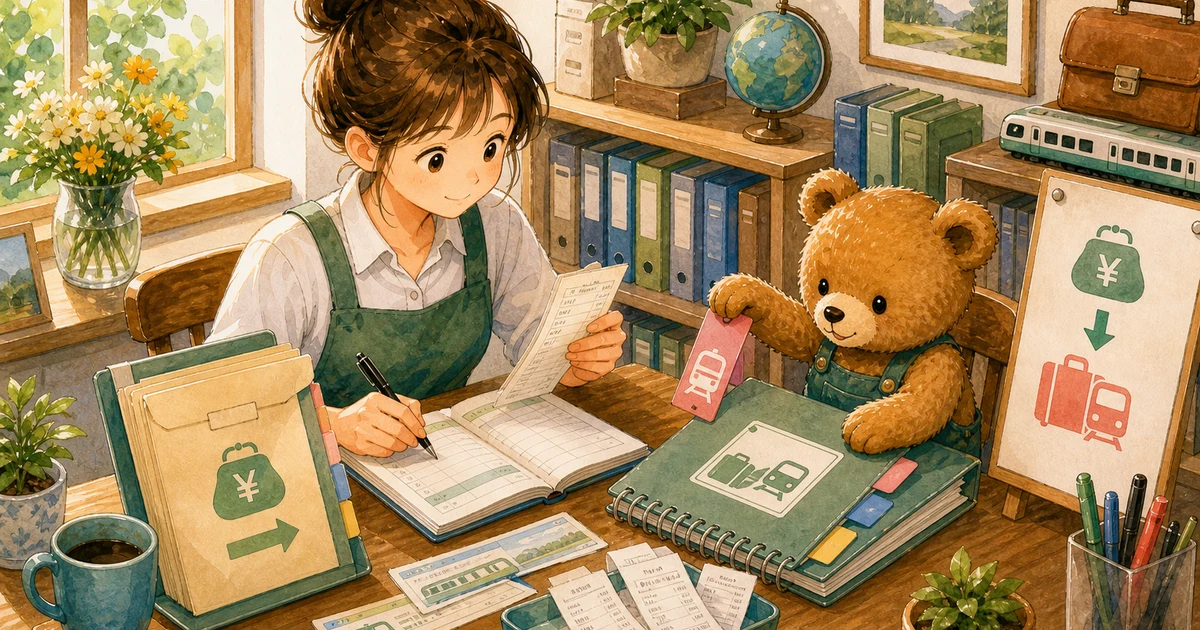 第4回第1問4：仮払金を旅費交通費に振り替える仕訳の解説用ヒーロー画像。こぐま商会で銀行通知と台帳を照合しながら、回収や決算振替の科目を確認する場面