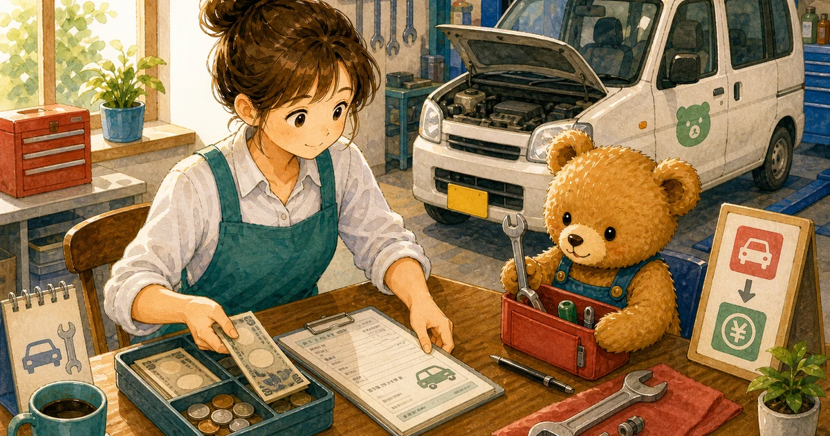 第4回第1問6:営業用車両の修繕代を現金で支払った仕訳の解説用ヒーロー画像。こぐま商会で現金トレーと支払メモを見ながら、費用や支払いの仕訳を確認する場面