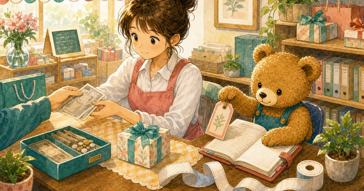 第4回第1問8:商品を現金販売したときの仕訳の解説用ヒーロー画像。こぐま商会で納品書と売上メモを見ながら、売上と代金の形を確認する場面