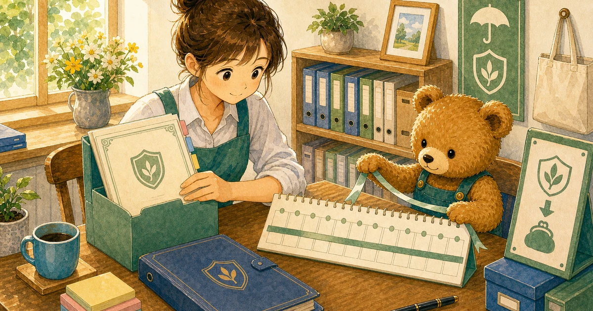 第4回第1問9:1年分の保険料を全額前払費用にした仕訳の解説用ヒーロー画像。こぐま商会で銀行通知と台帳を照合しながら、回収や決算振替の科目を確認する場面