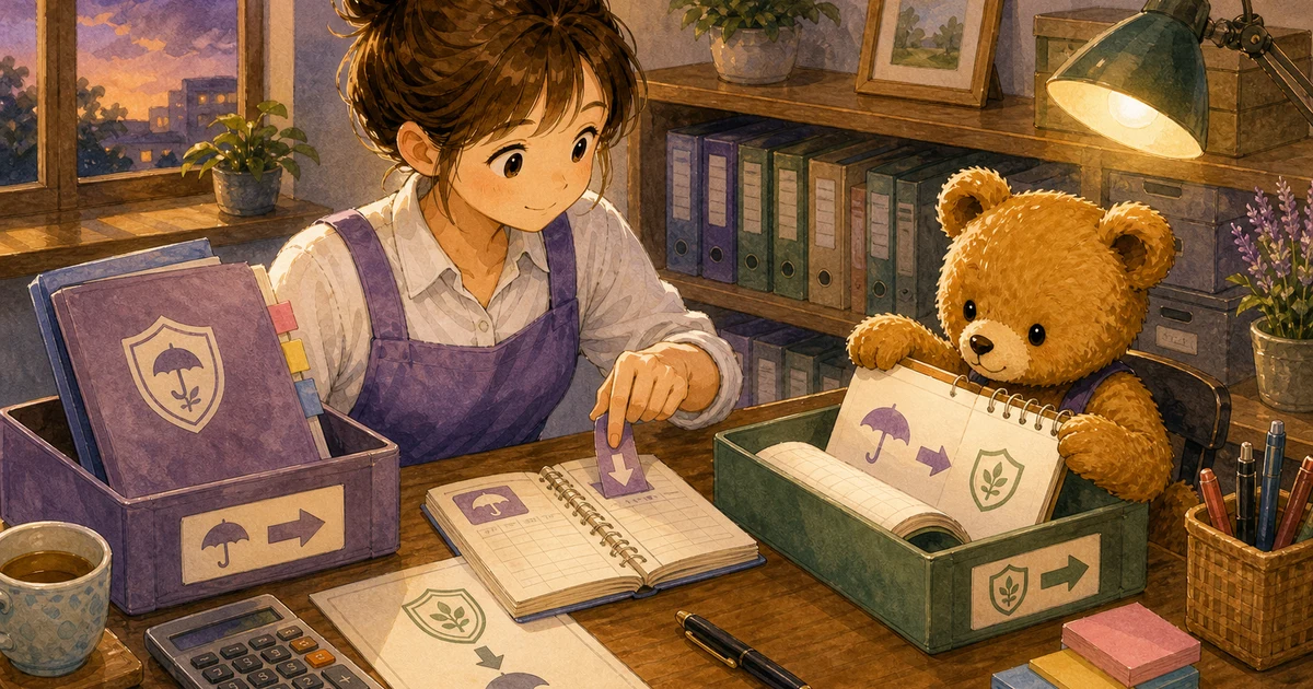 第4回第1問11:前払費用を保険料へ振り替える仕訳の解説用ヒーロー画像。こぐま商会で銀行通知と台帳を照合しながら、回収や決算振替の科目を確認する場面