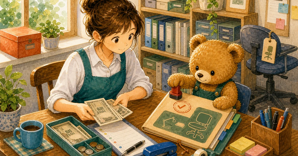 第4回第1問13：備品購入代金の未払金を現金で支払った仕訳の解説用ヒーロー画像。こぐま商会で銀行通知と台帳を照合しながら、回収や決算振替の科目を確認する場面