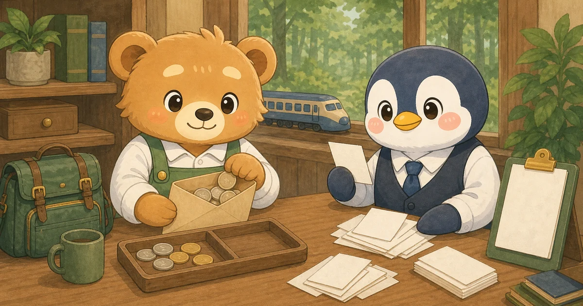 出張帰りの机で、こぐまさんが封筒の現金を確認し、ペンリーが白紙の領収書を整理して仮払金の精算をしている場面
