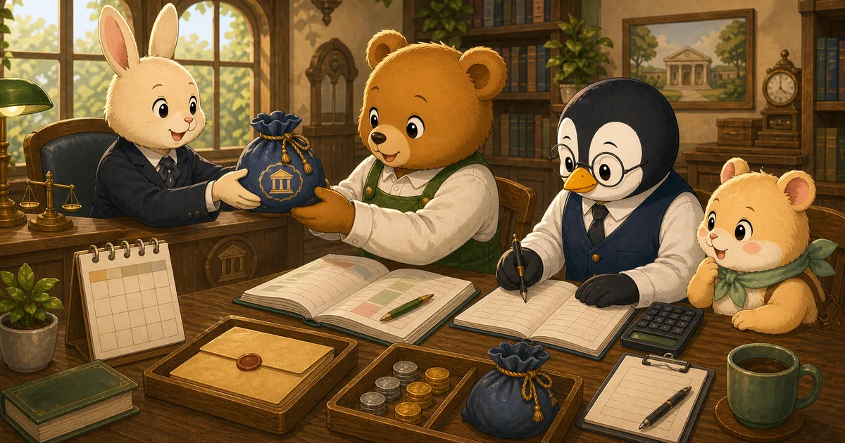 借入金の元本と支払利息を分けて、こぐまさんが帳簿で確認している場面