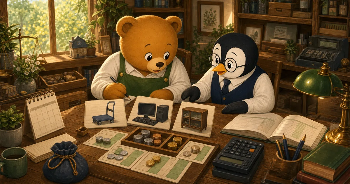試験によく出る備品や車両の減価償却パターンを、こぐまさんがカードで整理している場面