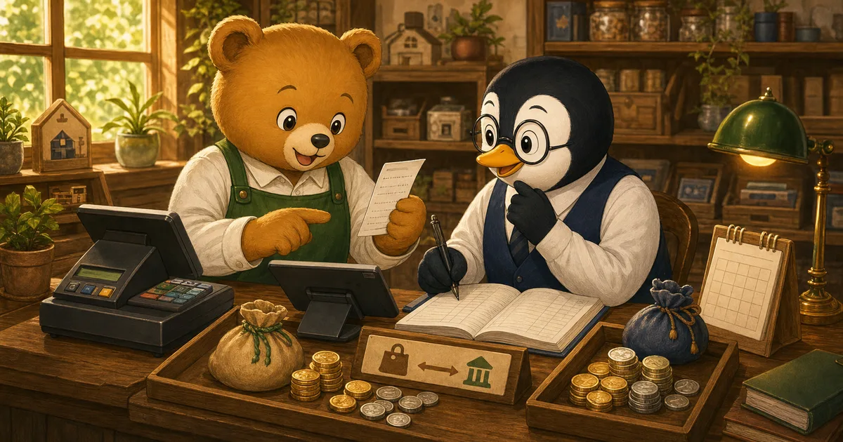 カード決済の控えとレジの売上を見比べ、こぐまさんがクレジット売掛金を確認している場面