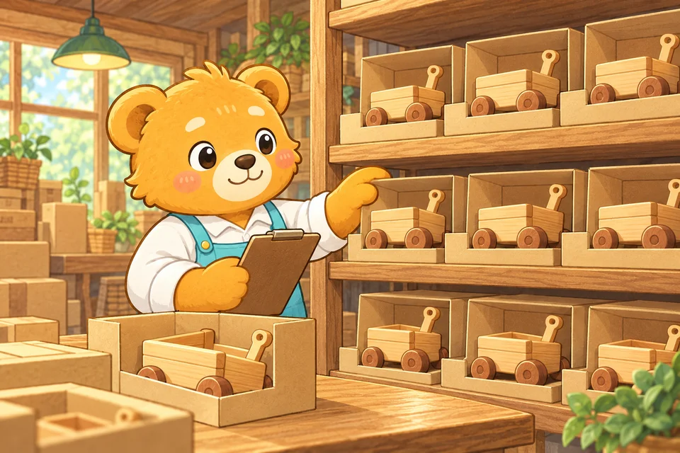 完成した木製カートを工場の棚で確かめるこぐま。