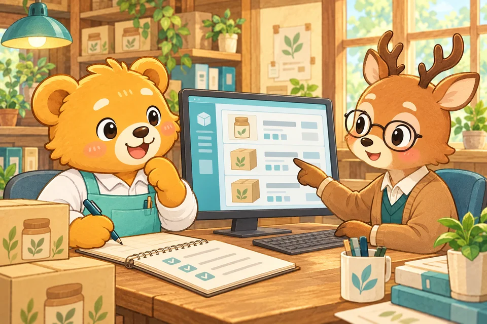 業務用パソコンと制作計画を確かめるこぐまと会計担当者。