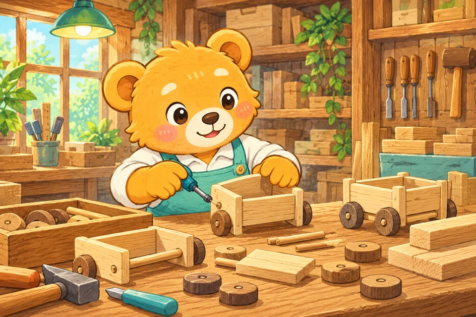 作業台で製造途中の木製カートを組み立てるこぐま。