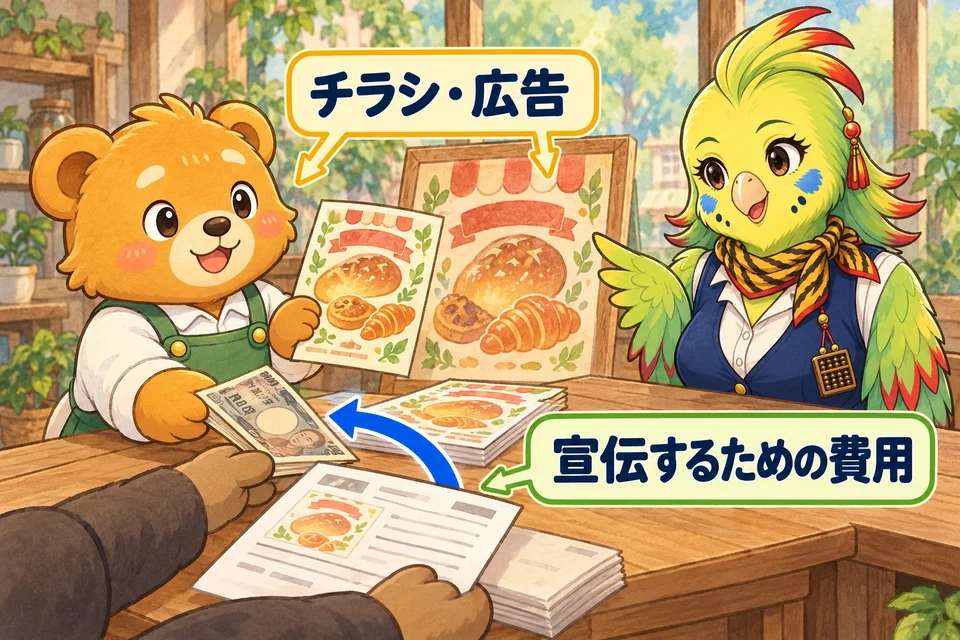お店を宣伝するチラシや広告を作り、その費用を支払う。