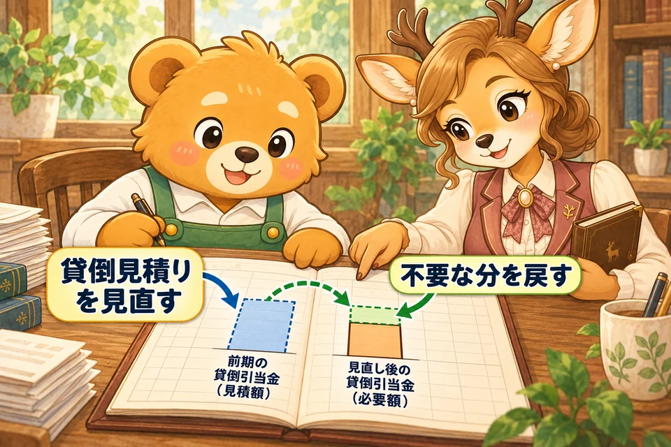 貸倒引当金を見直し、必要なくなった見積額を帳簿上で戻す。