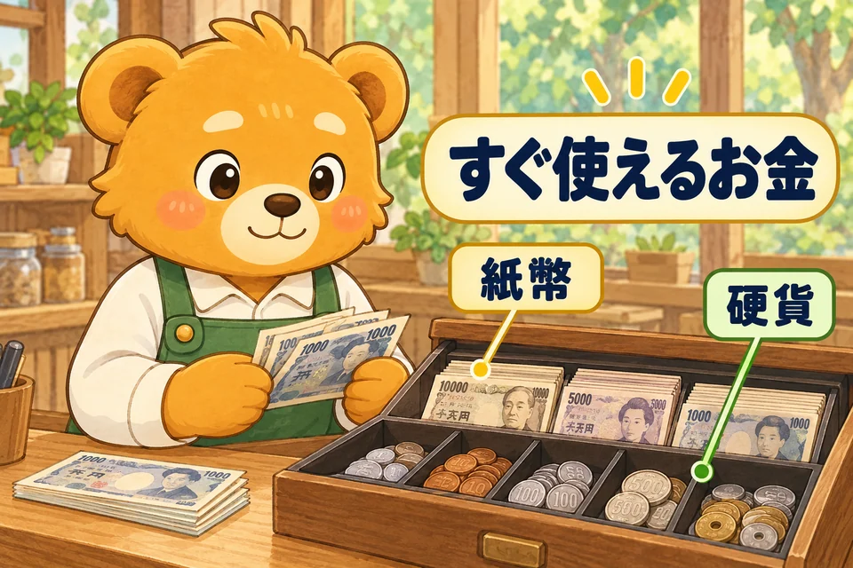 レジにある紙幣と硬貨を数える店主。すぐ使える手元のお金。