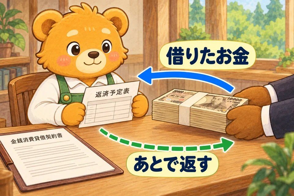 銀行からお金を借り、将来返済する義務を記録する。