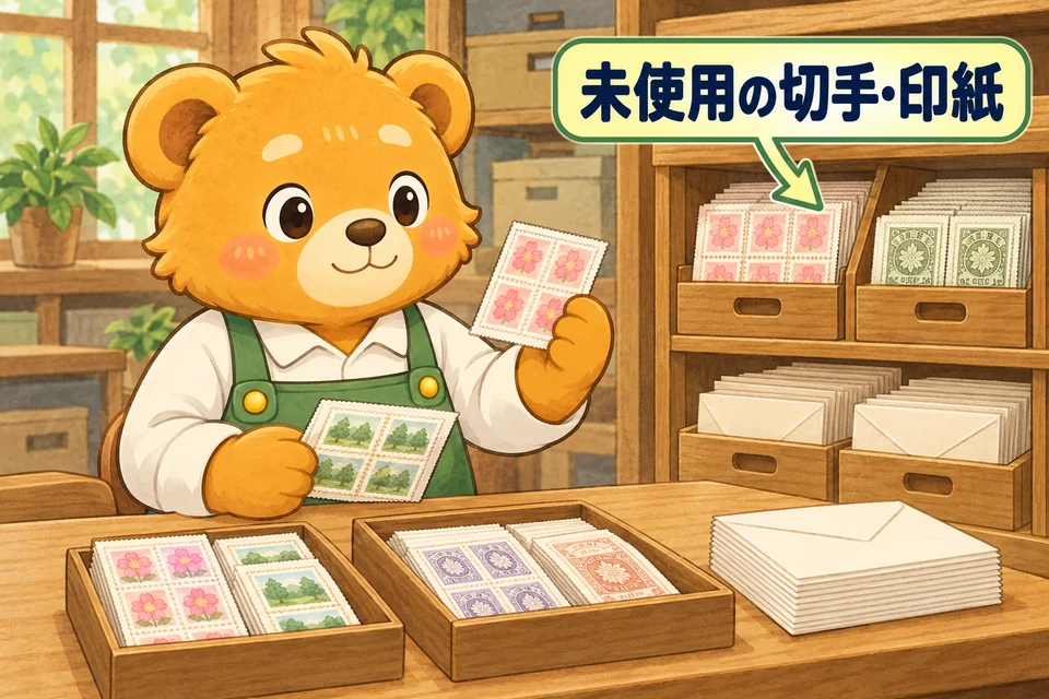 未使用の切手や収入印紙などを、使うまで棚に保管する。