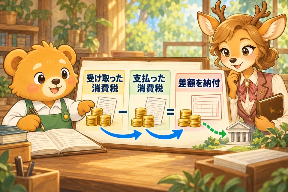 受け取った消費税と支払った消費税の差額を、納付すべき額として記録する。