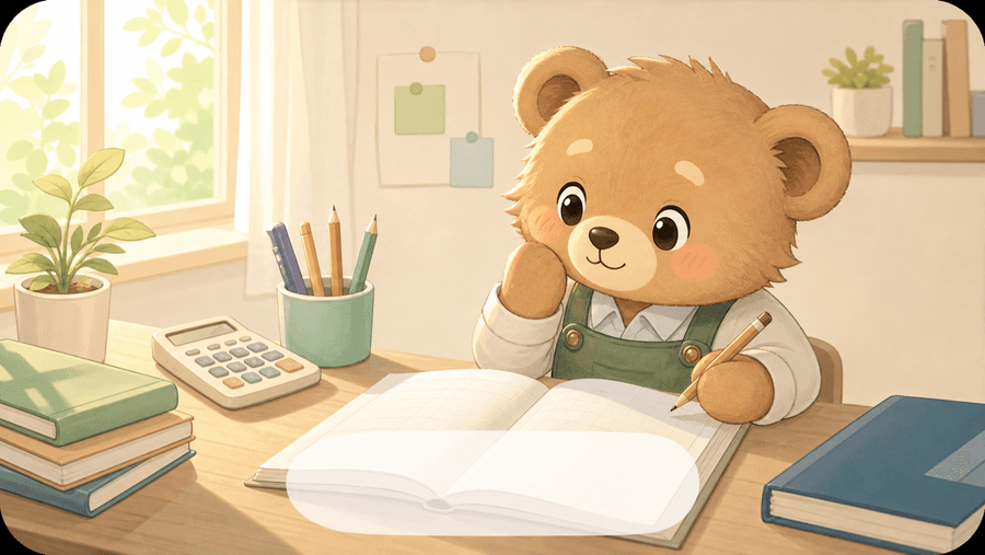机で簿記を学び始めるキャラクターのイラスト